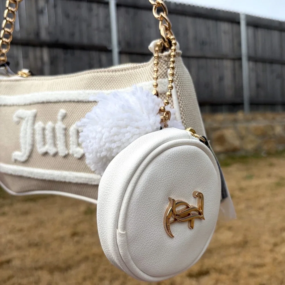 JUICY COUTURE NWT Cream & White Woven Canvas Shoulder‎ Bag with Coin Purse